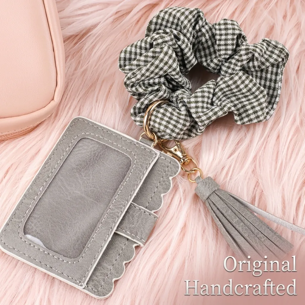 Fashion PU Leather Card Holder Keychain Set With Tassel And Checkered Hair Scrunchie Wristlet Multi Slot Bank Card Bag For Women Students