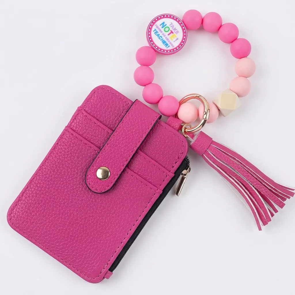 Women PU Leather Litchi Texture Card Holder Keychain Wristlet Silicone Beaded Strap Tassel Zipper Coin Purse Wallet