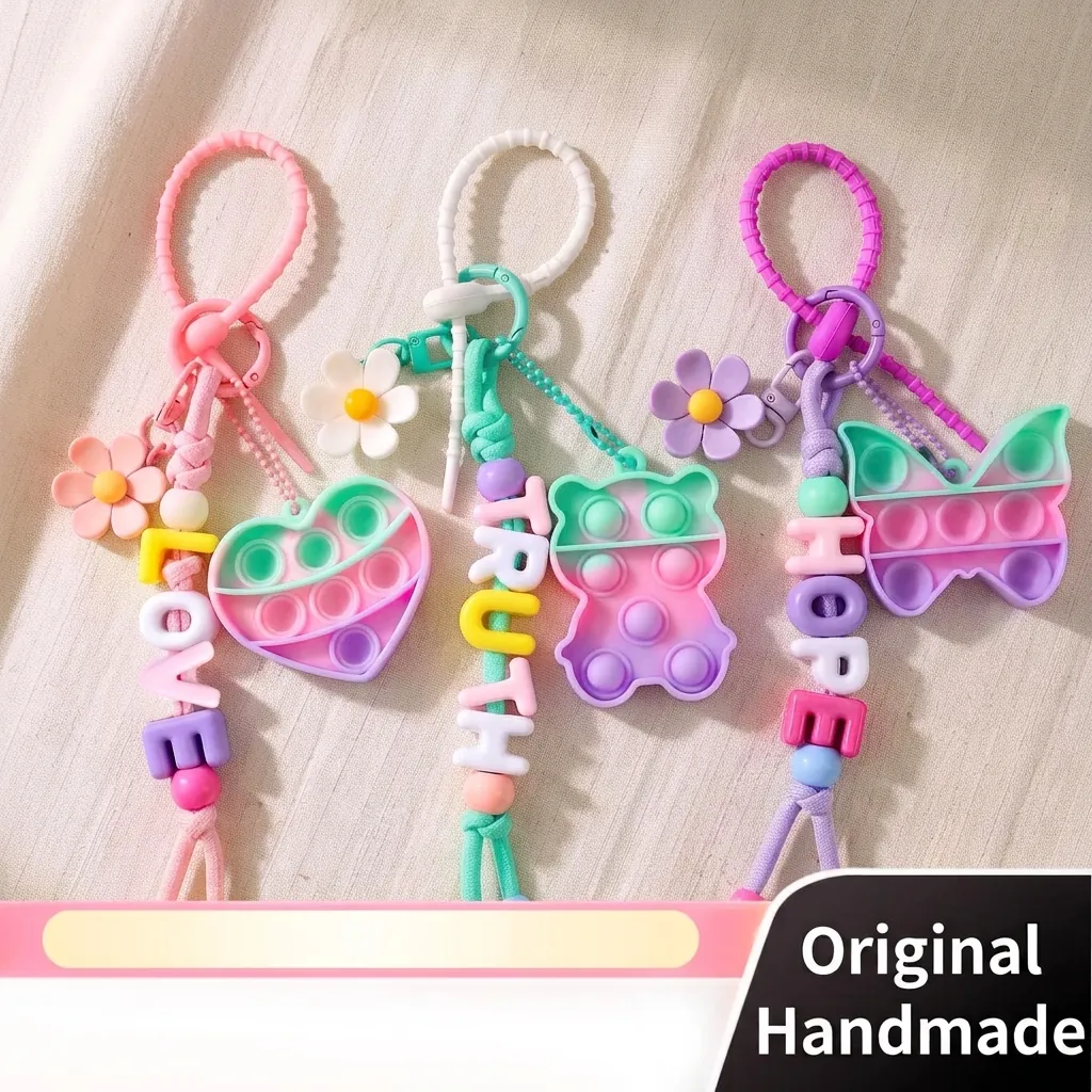 Colorful Silicone Beaded Bag Charm Silicone Pop It Stress Relief Toy Keychain Macaron Flower Alphabet Heart Bear Butterfly Pattern Pendent For Women Kids Bag Decoration Gift