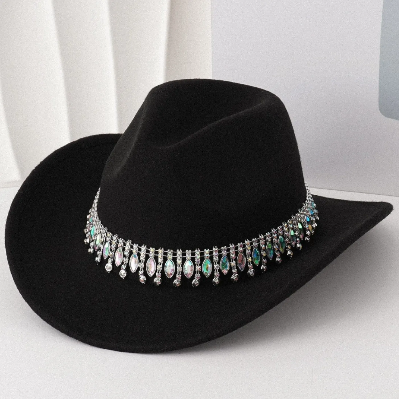 Sombrero Fedora de Fieltro Western Cowboy Con Cadena de Flecos de Borlas de Cristal y Estrás de Doble Fila Para Mujer Hombre Sombrero de Jazz de Fiesta Vintage de Ala Ancha