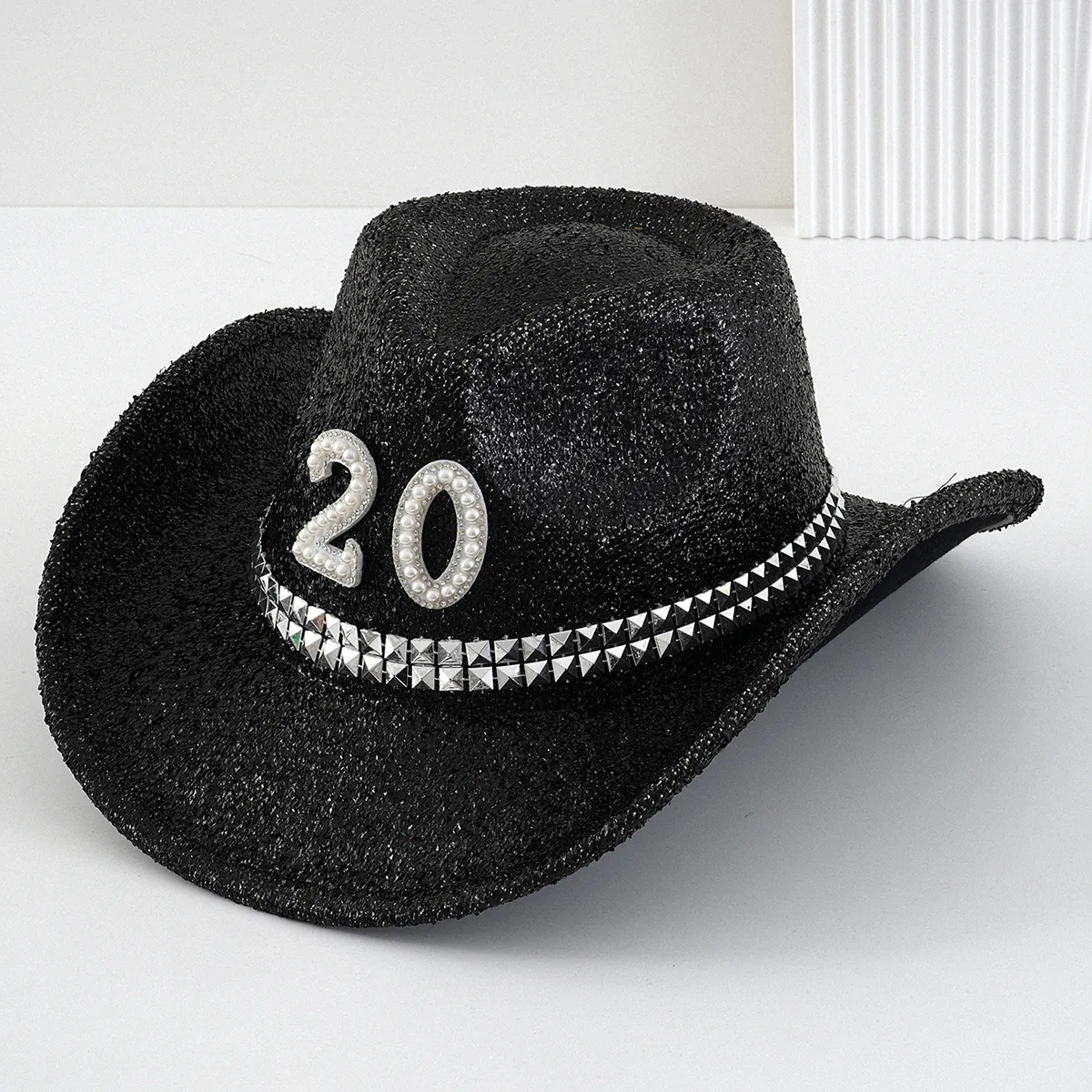 Y2K Pailletten Western Cowboy Hut Mit Künstliche Perle Nummer 20 Und Metallnieten Glitzer Funkelnder Fedora Für Damen Herren Party