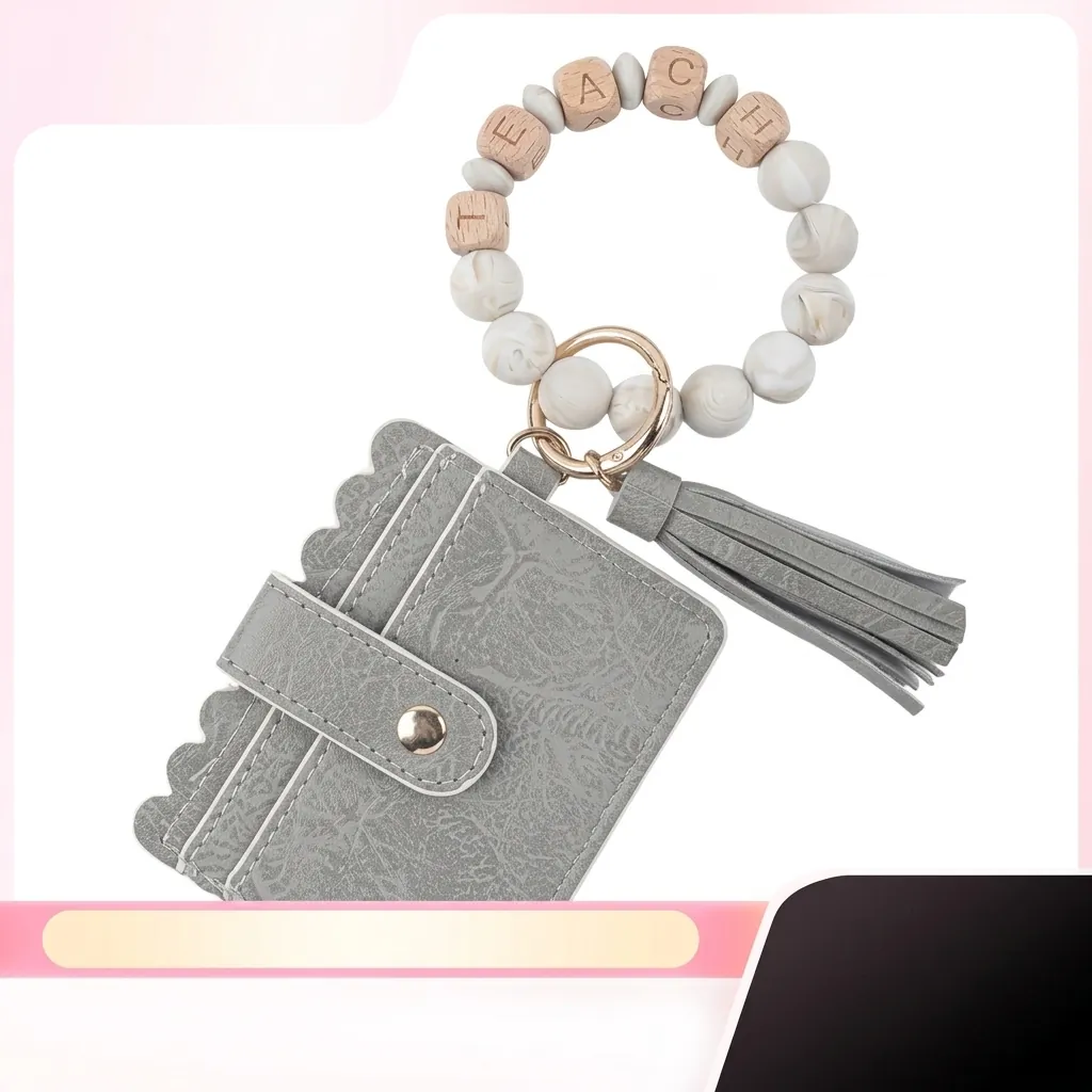 PU Leather Card Holder Bracelet Keychain Set With Tassel Wooden Letter Beads Silicone Bead Wristlet ID Case Wallet Teacher Gift