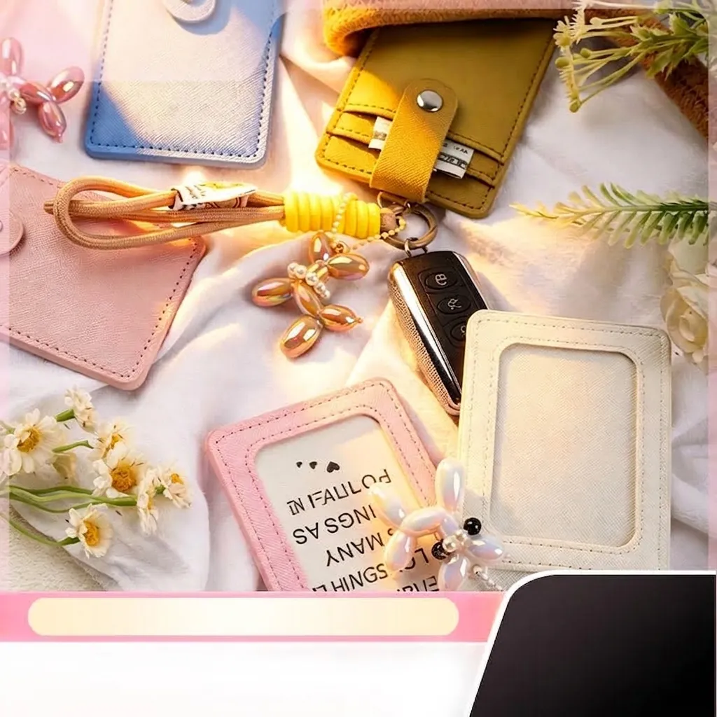 Portable PU Leather Card Holder With Braided Rope Balloon Dog Keychain Artificial Pearl Cute ID Badge Case For Women Students