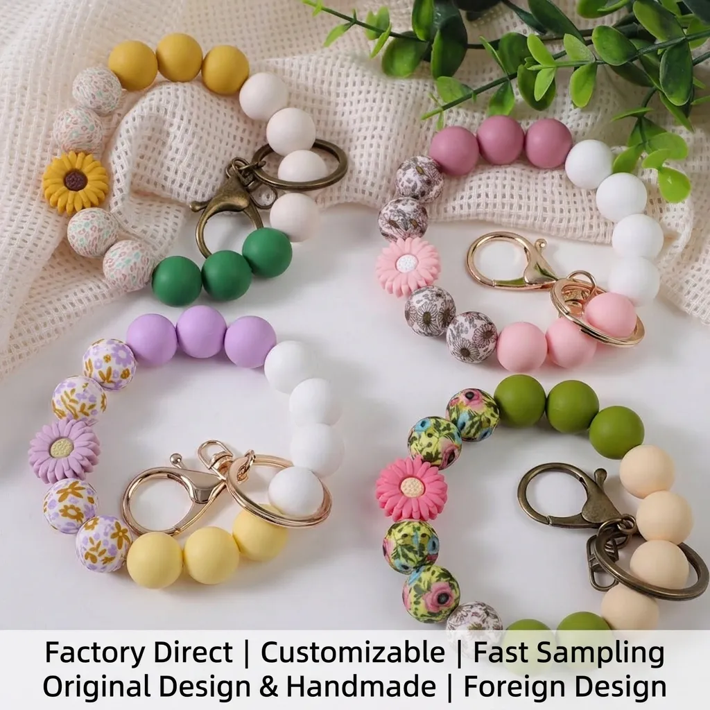 Daisy Silicone Beaded Bracelet Keychain Floral Print DIY Handmade Silicone Bangle For Women Car Key Ring Wristlet Accessories