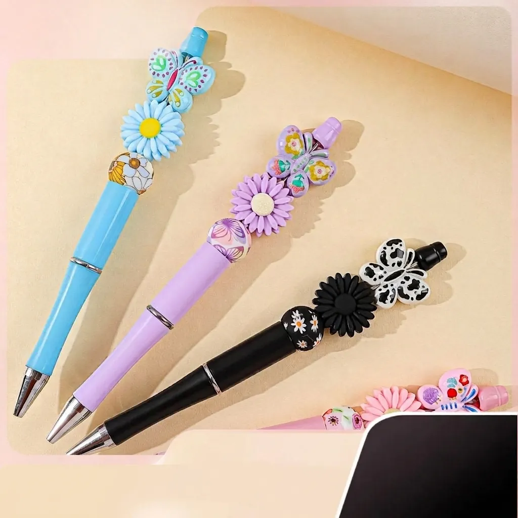Acrylic Beaded Ballpoint Pen Creative Butterfly Floral Beads Pen 1.0mm Nib Writing Tool For Student School Office Gift