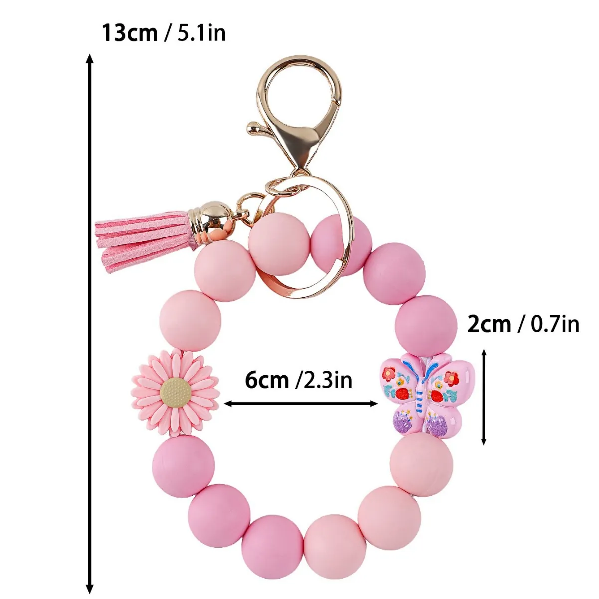 Silicone Bead Wristlet Keychain Daisy Butterfly Flower Tassel Bangle Key Ring For Women Girls Bag Pendant Accessories