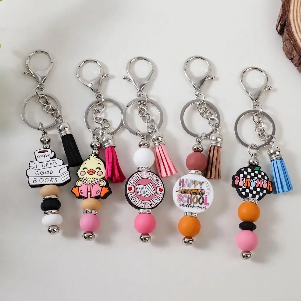 American Style Silicone Bead Keychain With Tassel Book Club Theme Graduation School Gift Keyring For Women Men Backpack Accessories