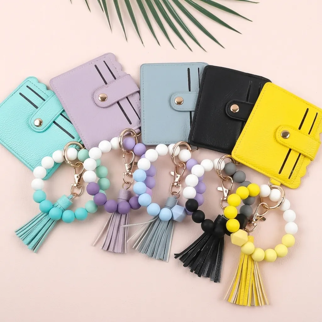Silicone Beaded Bracelet Wristlet Keychain With PU Leather Card Holder Wallet Tassel Key Ring Multi Card Slot Storage Bag
