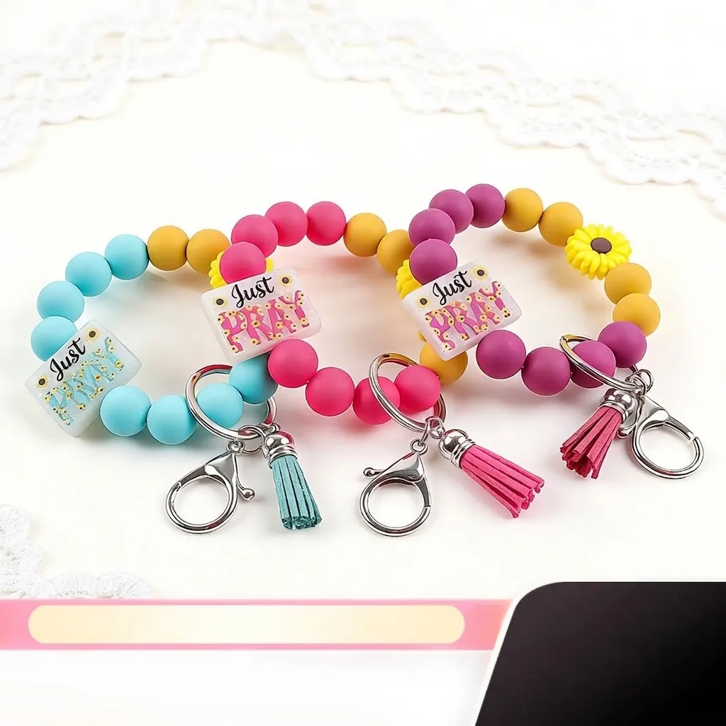 Women Silicone Bead Keychain Bracelet Sunflower Daisy Charm Leather Tassel Just Pray Printed Bead Wristlet Keychain Bag Hanging Ornament