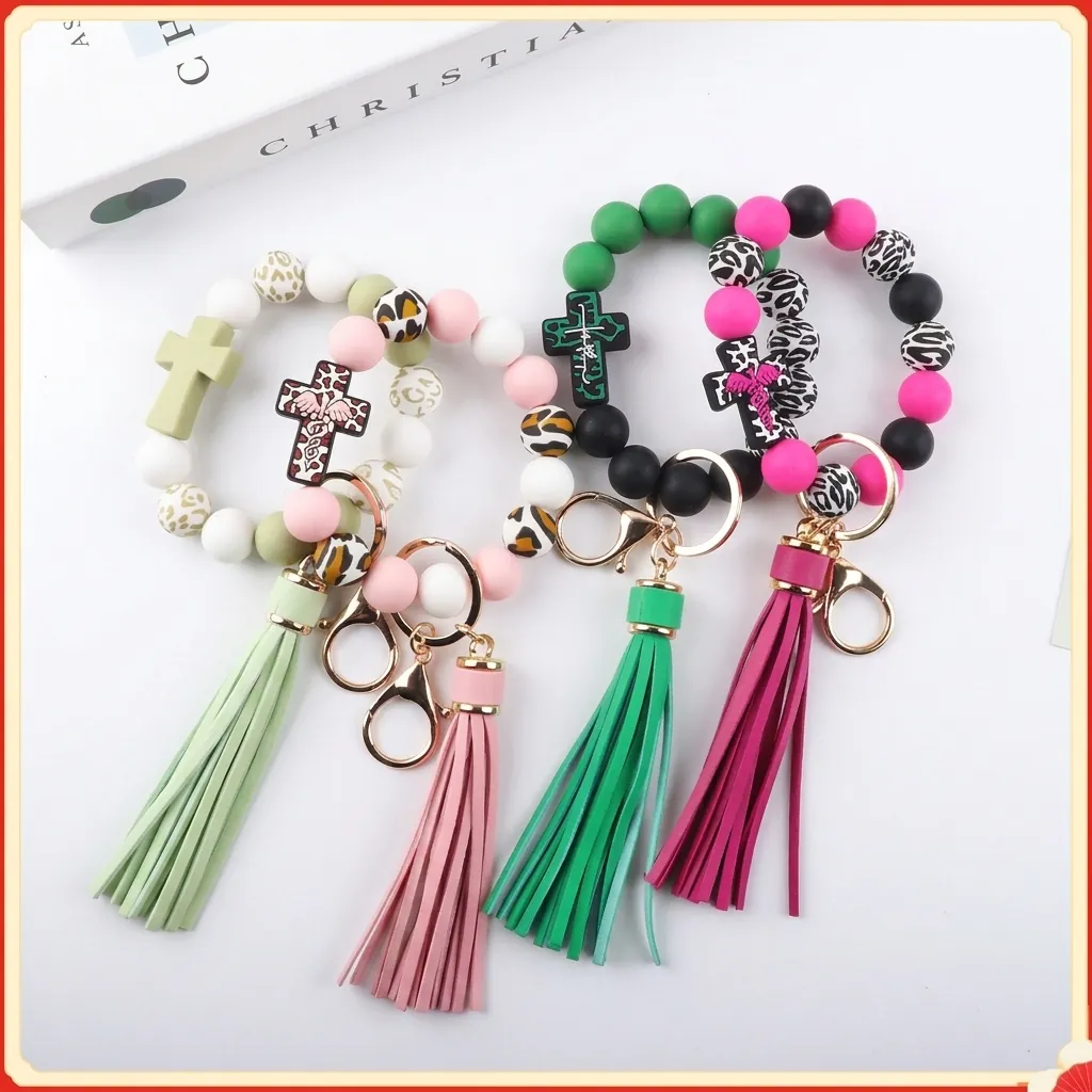 Silicone Bead Cross Keychain For Women Leopard Print Beaded Tassel Bracelet Key Ring Bag Pendant Car Key Anti-lost Hanging Accessory