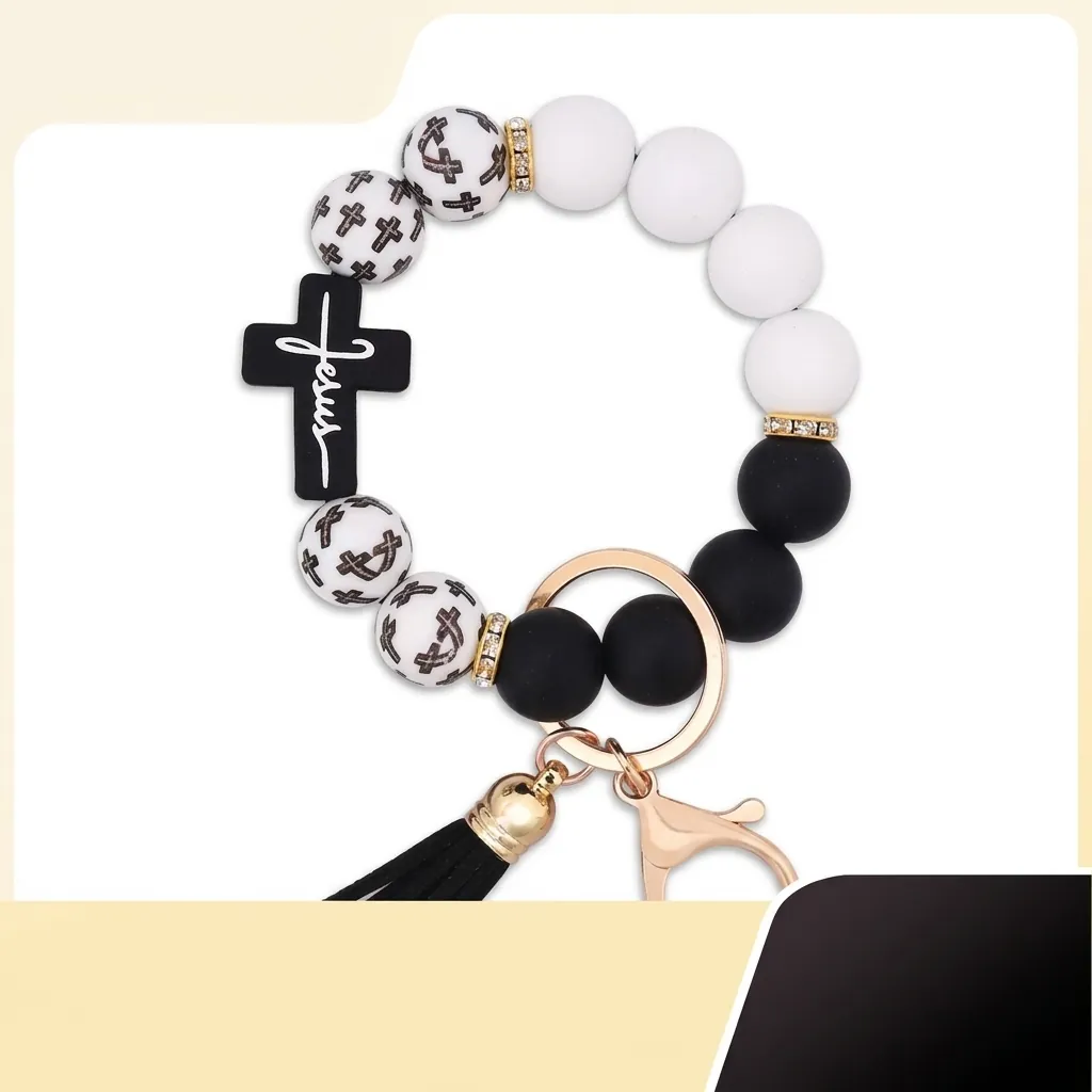 Religious Jesus Cross Beaded Keychain Bracelet For Women Men Silicone Bead Wristlet With PU Tassel Gold Metal Clasp Fashion Jewelry Gift