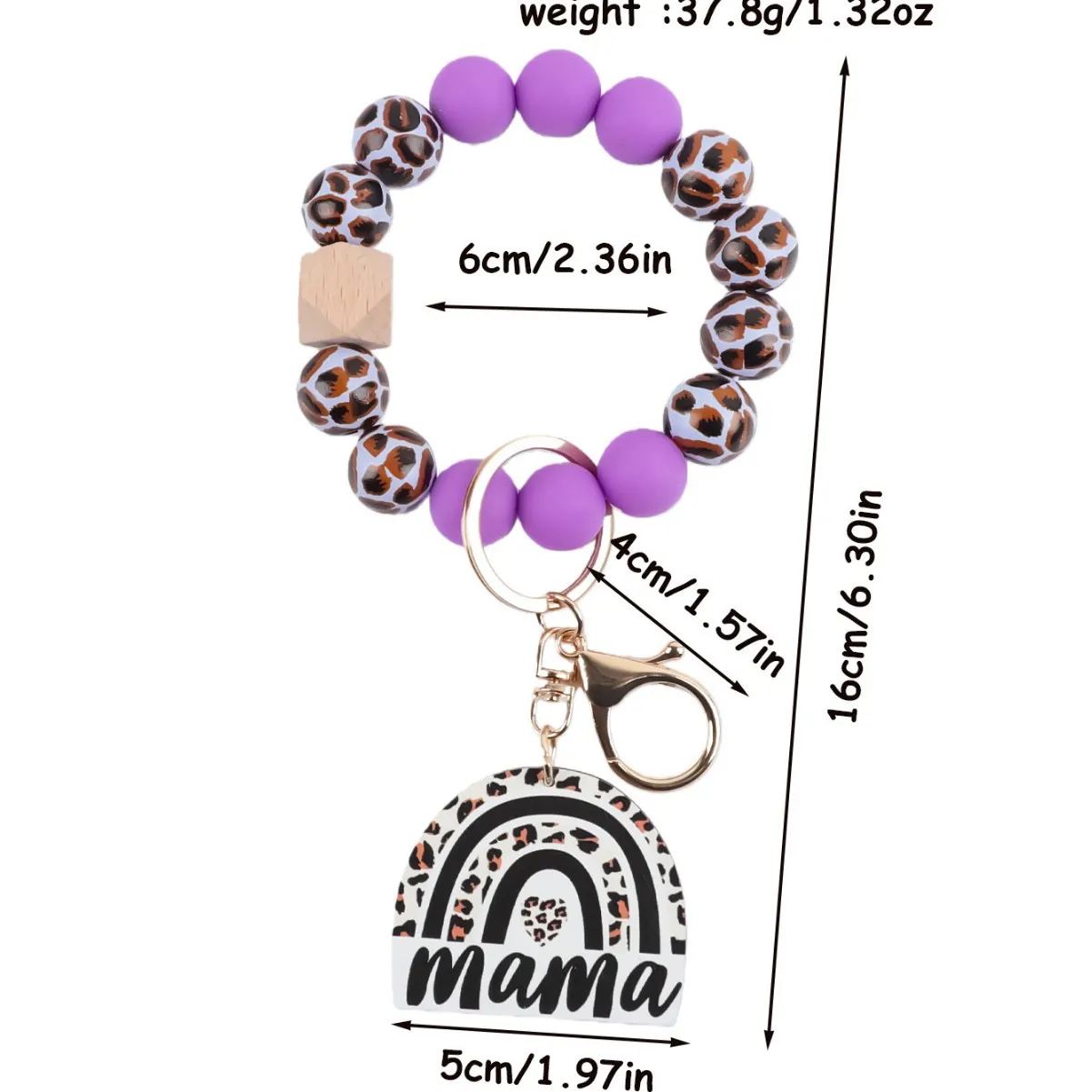 Boho Silicone Wood Bead Wristlet Keychain With Mama Acrylic Tag Leopard Rainbow Bead Bangle Key Ring Gift For Women