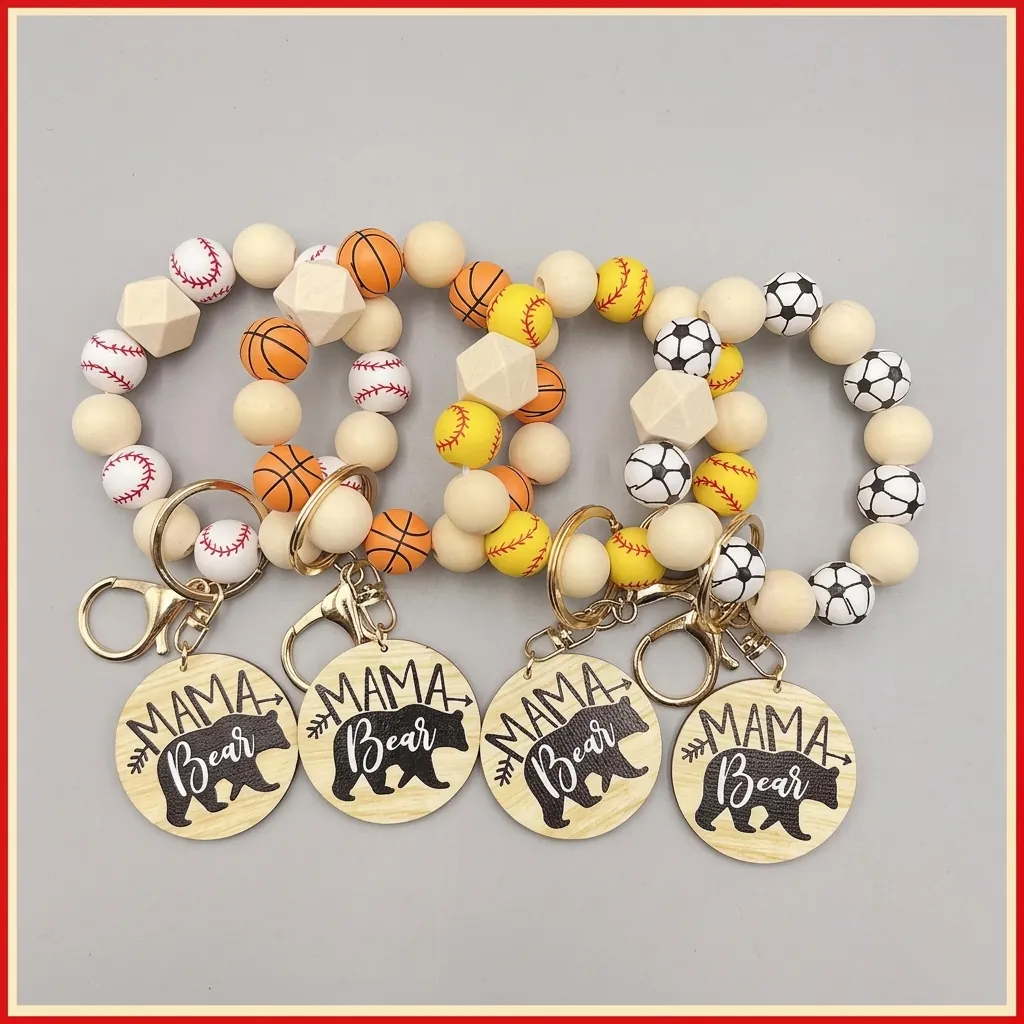 Llavero Deportivo de Cuentas de Madera Con Etiqueta Mama Bear Oso Polar Anillo de Llave para Mujer Regalo Baloncesto Fútbol
