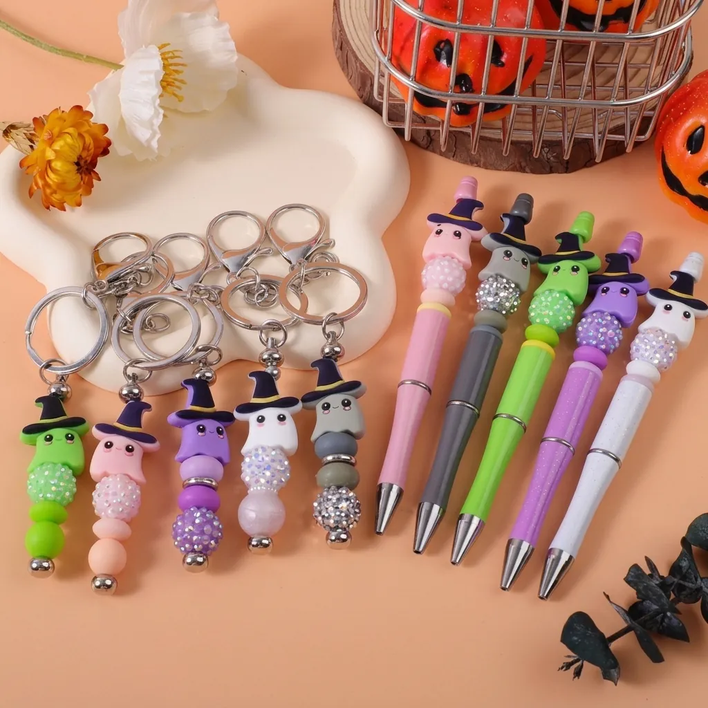 Halloween Ghost Beaded Pen Witch Hat Silicone Beads Ballpoint Pen And Ghost Beaded Keychain For Students Office Stationery Halloween Gift