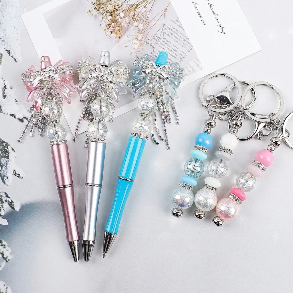 Fashion Bowknot Beaded Ballpoint Pen Color Rhinestone Crystal Silicone DIY Keychain Accessories Office Stationery Supplies