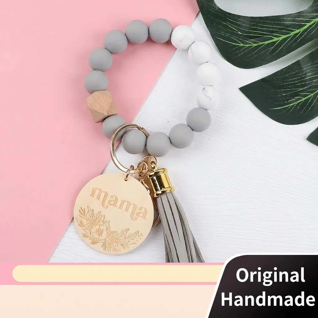 Mama Silicone Wooden Bead Wristlet Keychain Boho Floral Engraved Wood Plate Tassel Key Ring Bracelet For Women Mother's Day Gift