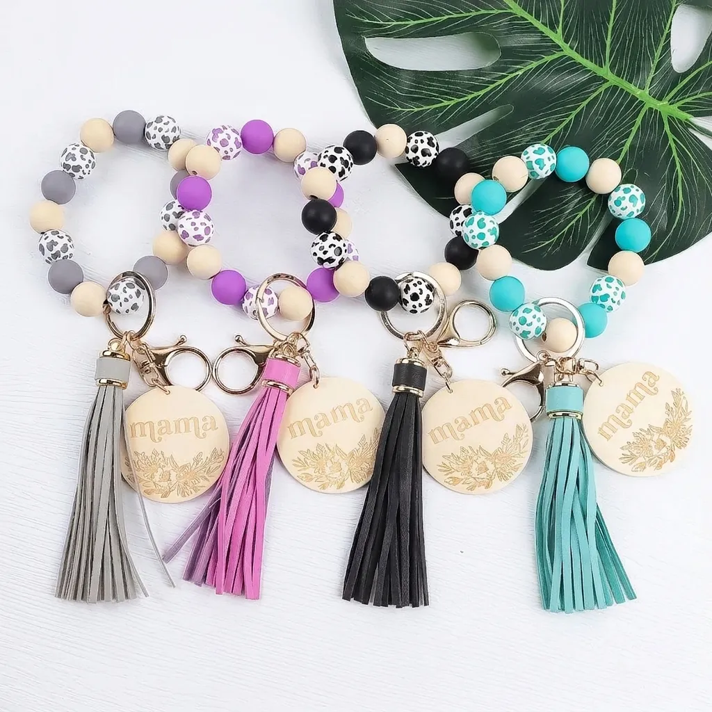 Handmade Silicone Bead Keychain Wristlet With Mama Wood Charm Leather Tassel Cow Print Fashion Key Ring Mother Day Gift