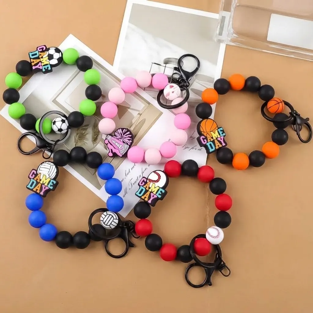 Pulsera Llavero de Cuentas de Silicona con Tema Deportivo Baloncesto Fútbol Voleibol Cheer Charm Pulsera de Cuentas Llavero Regalo