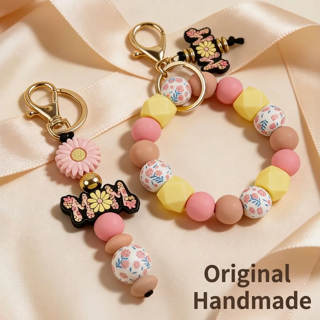 Silicone Printed Octagon Beaded Keychain Bracelet For Women MOM Daisy Silicone Bead Wristlet Bag Charm Key Ring Gift