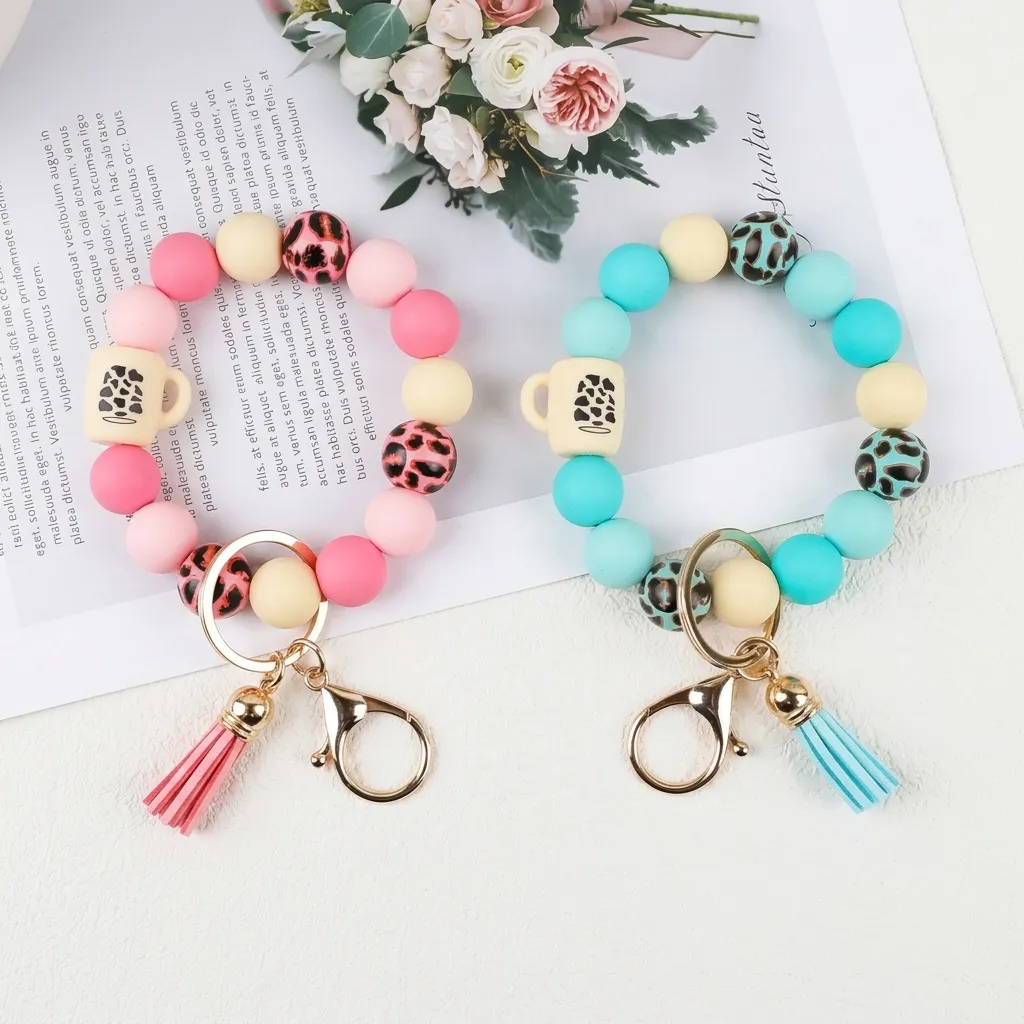 Leopard Print Silicone Bead Wristlet Keychain With Coffee Cup Pendant Tassel Silicone Beads Bangle Keychain For Women Bag Charm Car Key Ring