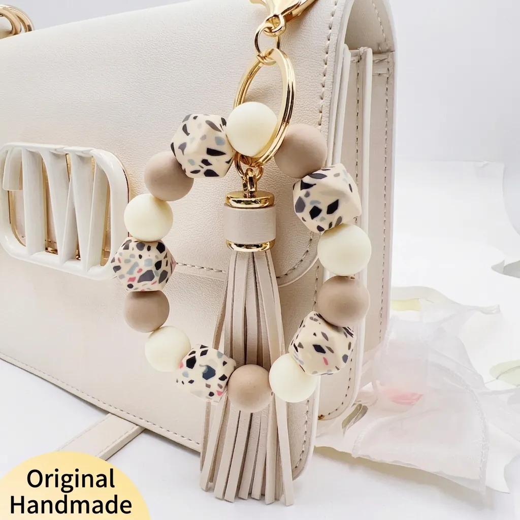 14mm Silicone Octagonal Bead Wristlet Keychain Rubber Paint Tassel Key Ring Bangle Fashion Bag Charm Gift For Women