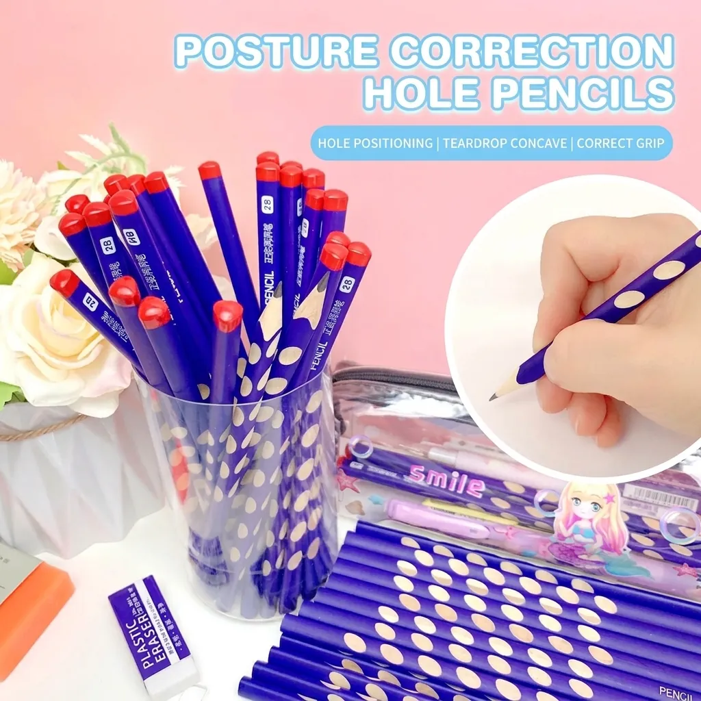 Professional 2B HB Wooden Pencil for Students Exam Drawing Sketching Corrective Grip Grooved Hole Ergonomic Wood Pencils Office School Stationery