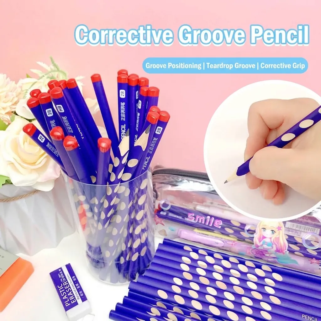 Ergonomic Posture Correction Pencil HB 2B Graphite Lead For Students Writing Drawing Sketching School Supplies Blue Wood Hole Pencil