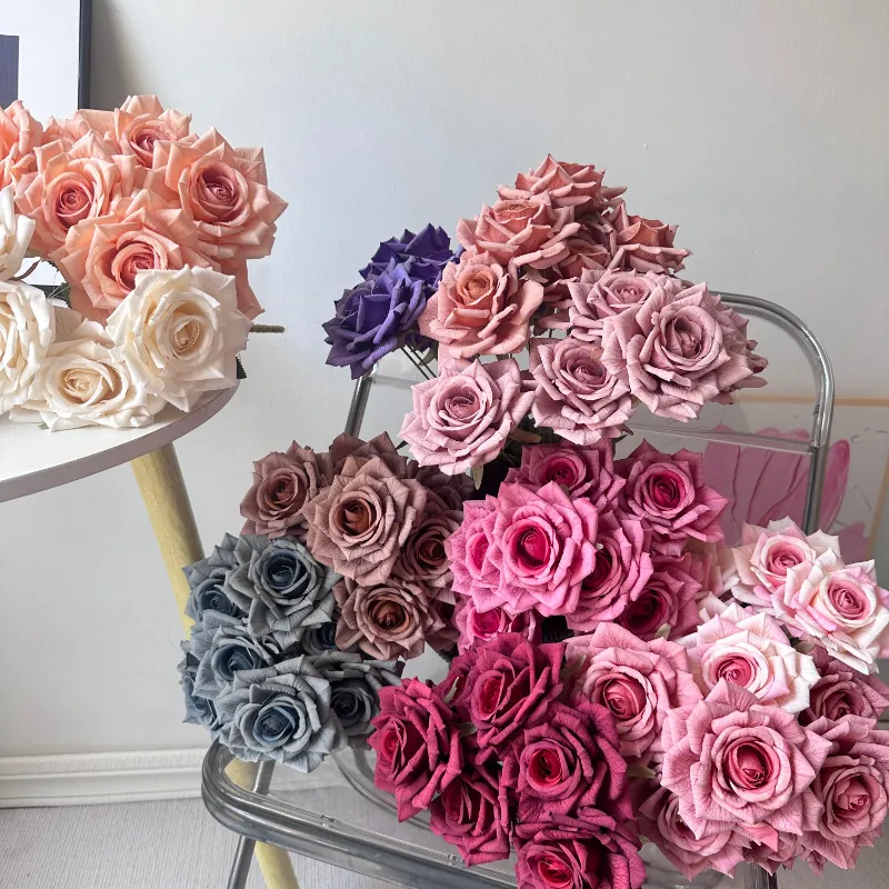 Artificial Silk Cappuccino Rose Bouquet Vintage Diamond Rose Fake Flower Bunch For Wedding Home Hotel Decor