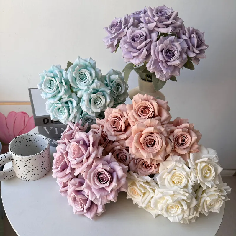 7-Head Artificial Diamond Rose Silk Flower Bouquet Realistic Fake Rose Floral Arrangement For Home Wedding Party Decoration