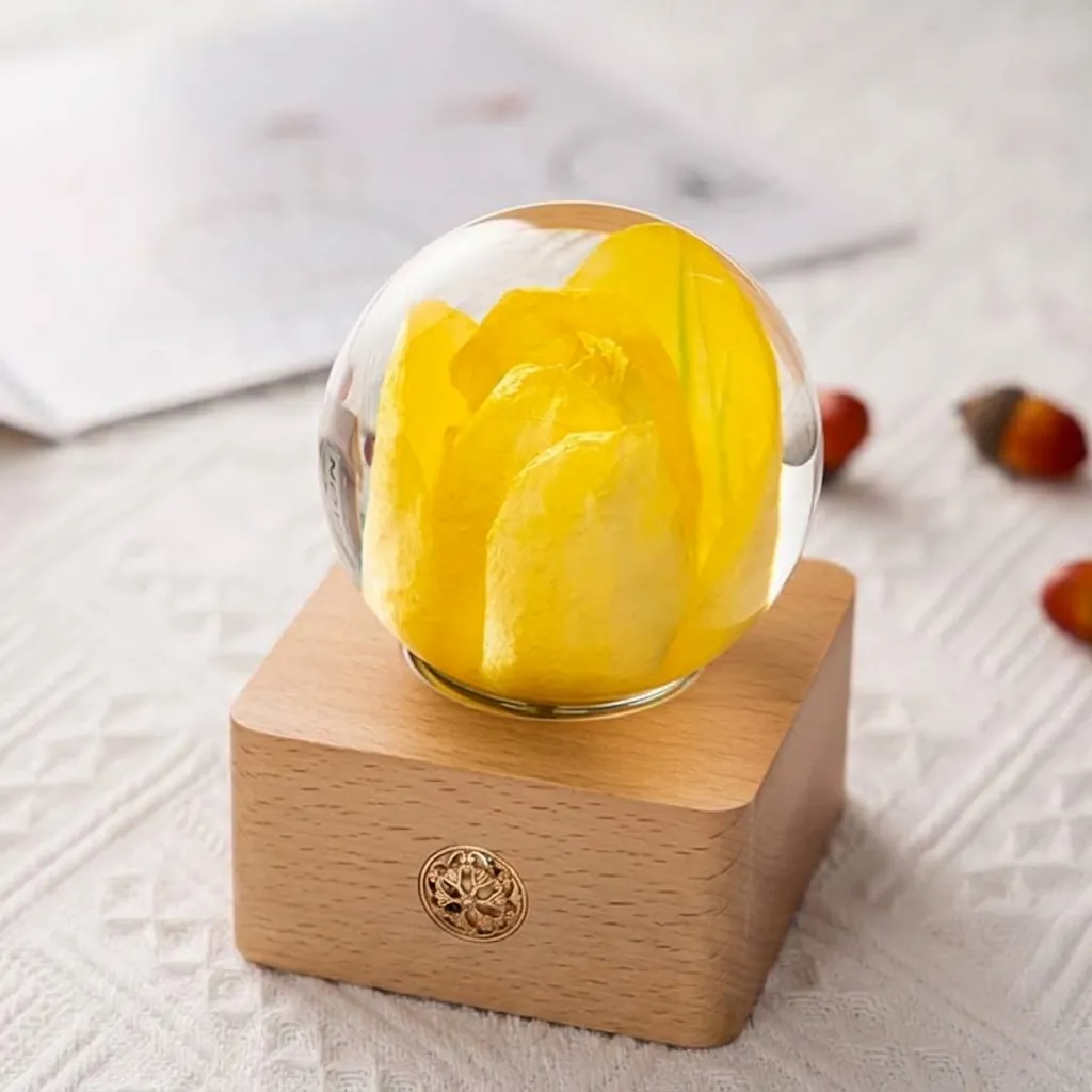 Creative Tulip Preserved Dried Flower Night Light Crystal Ball Glass Table Lamp Wood Base Charging Desk Light Gift For Women