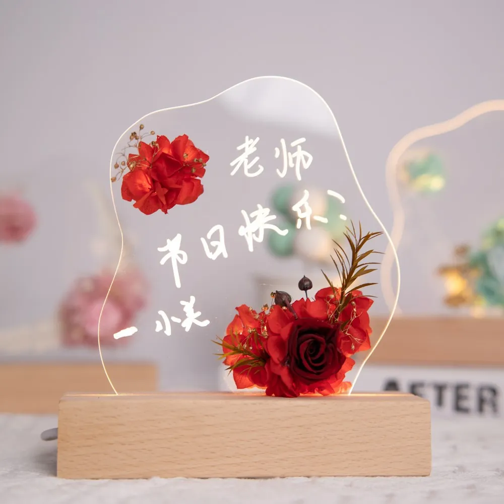 Veilleuse en Acrylique Fleurs Éternelles Rose Hortensia Avec Base LED en Bois Alimenté par USB Message Manuscrit DIY Lampe de Table Cadeau de Noël Anniversaire