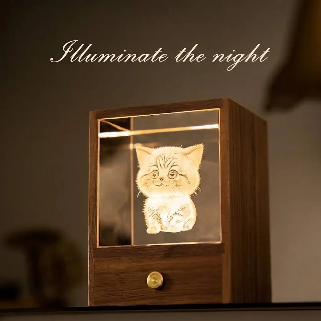 3D Laser Engraved Cat Crystal Night Light Walnut Wood Box LED Desk Lamp Warm Glow Touch Switch Decorative Desktop Gift