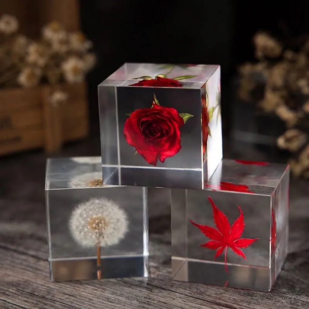 Cube en Résine Transparente Fleur Éternelle Pissenlit Rose Spécimen Ornement de Bureau Presse-papier en Cristal Créatif Cadeau d'Anniversaire Saint-Valentin