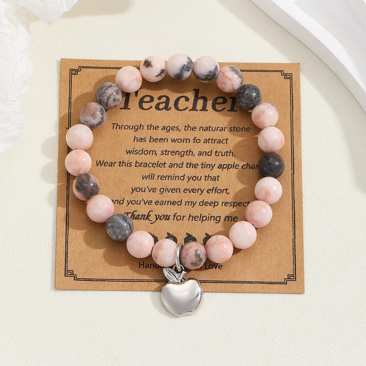 Natural Stone Agate Beaded Bracelet With Apple Heart Charm Teacher Appreciation Gift Card For Mom Daughter Women Jewelry