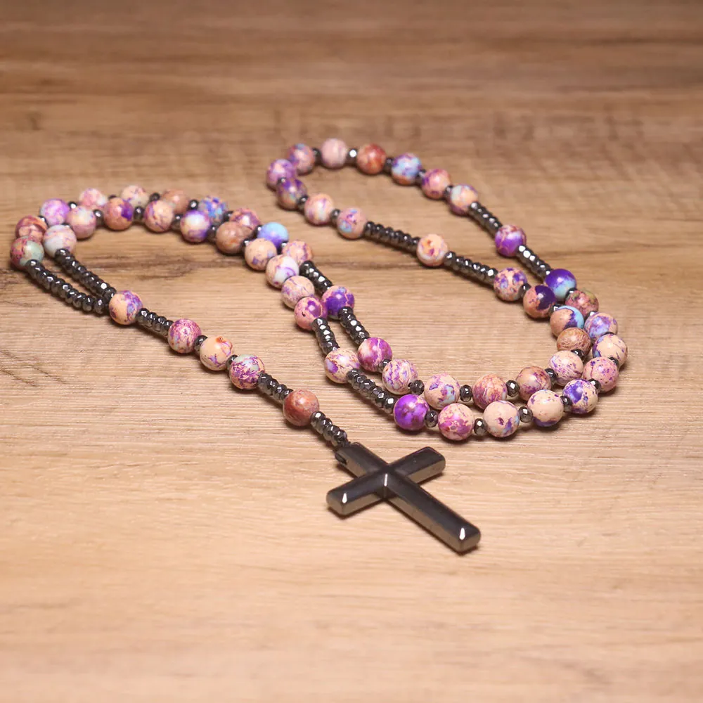 Handgemachte Naturstein Perlenkette Mit Hämatit Kreuz Anhänger Achat Tigerauge Rosenkranz Gebet Schmuck Für Damen Herren