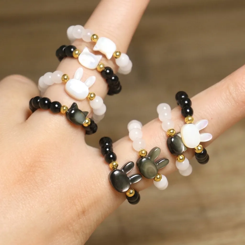 Handmade Beaded Ring For Women Cute Animal Cat Rabbit Artificial Pearl Natural Stone Elastic Finger Ring Girl Style Jewelry