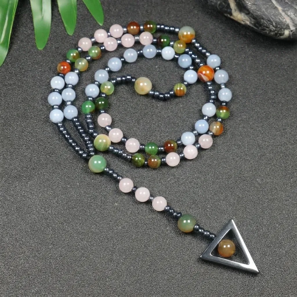 Natuursteen Rozenkrans Halsketting Rozenkwarts Pauw Jaspis Hematiet Driehoekige Hanger Lange Kraalketting Unisex Boheemse Sieraden