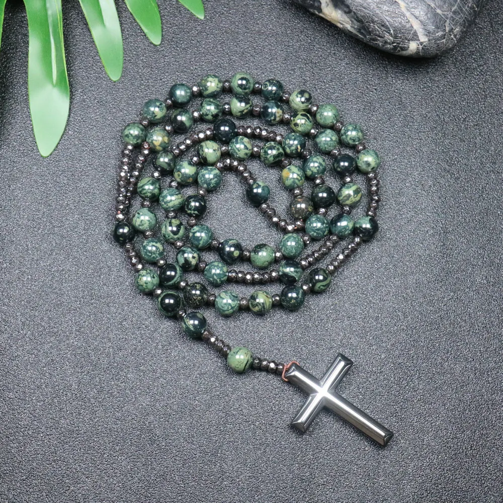 Natural Stone Cross Pendant Necklace For Men Vintage African Turquoise Hematite Rosary Beaded Chain Street Style Jewelry Gift