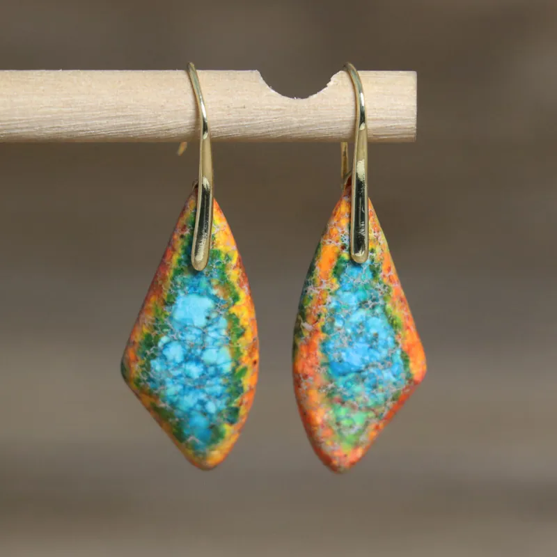 Pendientes Colgantes Bohemios Vintage con Forma de Abanico de Jaspe Imperial para Mujer Elegantes Pendientes Geométricos de Piedra Natural