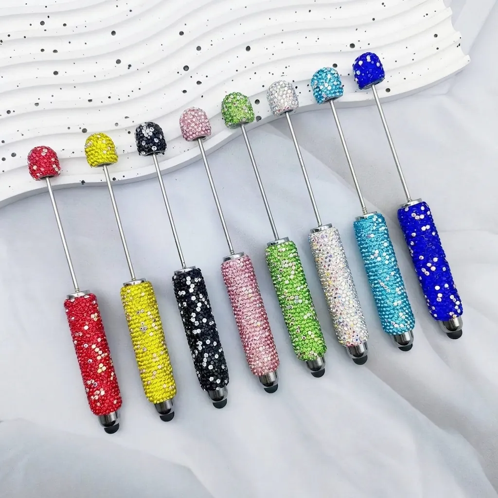 DIY Beadable Rhinestone Touchscreen Pen Luxury AB Crystal Metal Ballpoint Pen Dual-use Writing Stylus Pen Creative DIY Gift