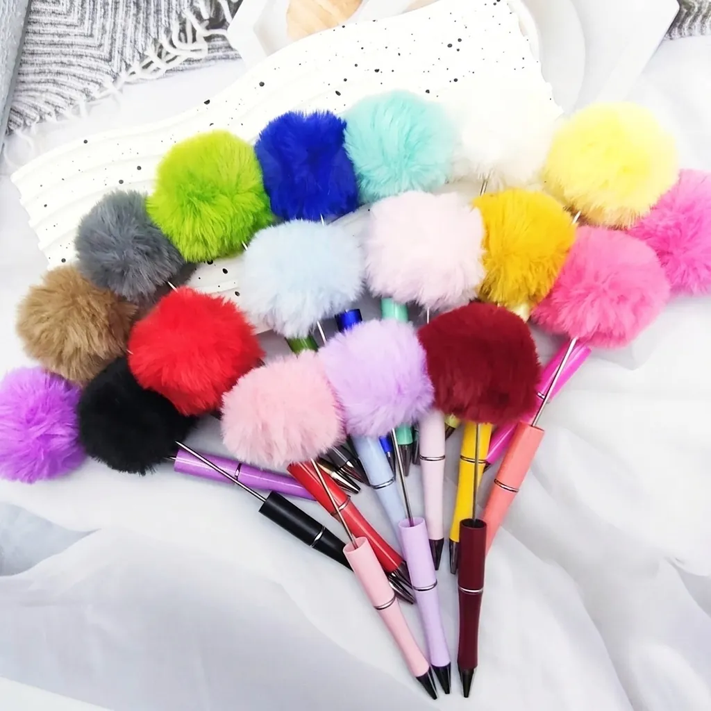 Cute Pom Pom Beaded Ballpoint Pen Colorful Artificial Fur Ball DIY Writing Pen Ins Style School Office Stationery Gift