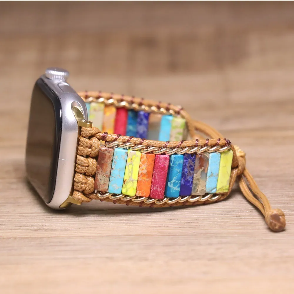 Bohemian Natural Stone Smartwatch Band Multicolor Imperial Stone Braided Bracelet Strap Compatible with Samsung Hand-Woven Ethnic Watch Strap