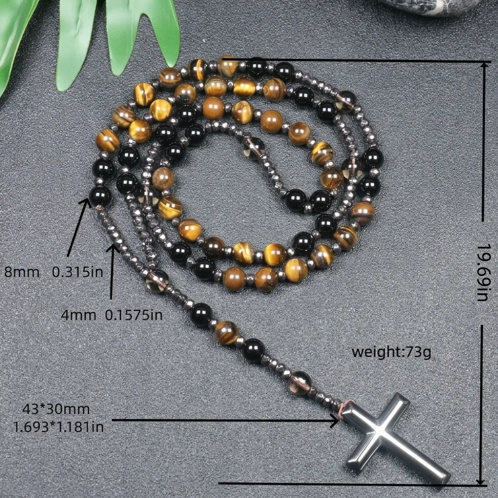 Naturstein Kreuz Anhänger Halskette Herren Hämatit Tigerauge Perlen Rosenkranz Gebet Schmuck Vintage Religiöser Stil Geschenk