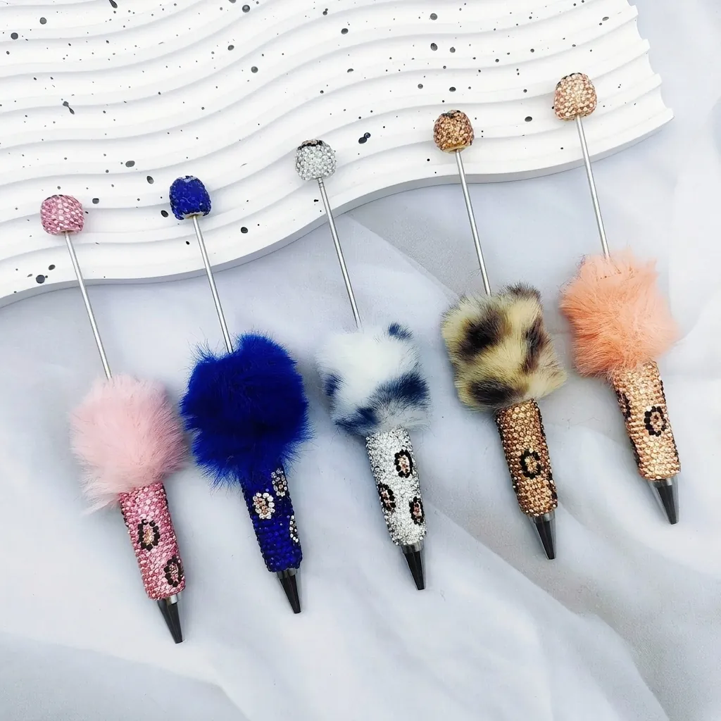 Luxus Leopard Panda Print Strass Kugelschreiber Mit Kunstpelz Pompon Vollbesetzter Kristall Schreibstift Für Büro Schule Geschenk