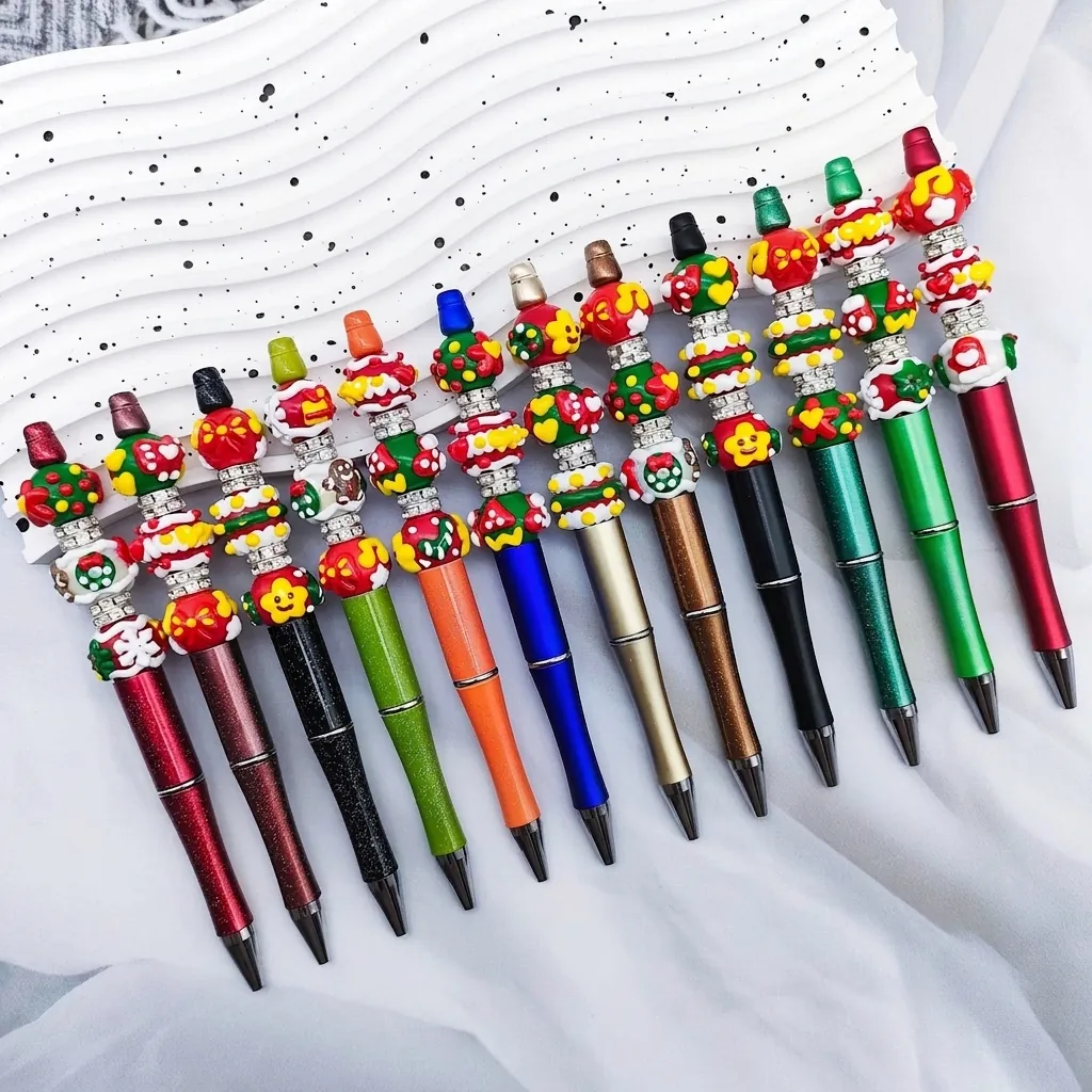 Christmas Beaded Ballpoint Pen With Hand-Painted Ceramic Beads And Rhinestones Magic Wand Style Decorative Pen Holiday Gift