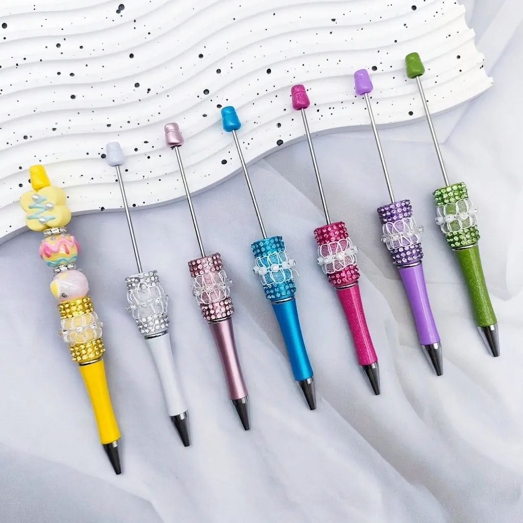Handmade DIY Beaded Ballpoint Pen With Rhinestone Lace Bow Mesh Decoration Metal Rod Writing Pen For Students Office Stationery Women Gift