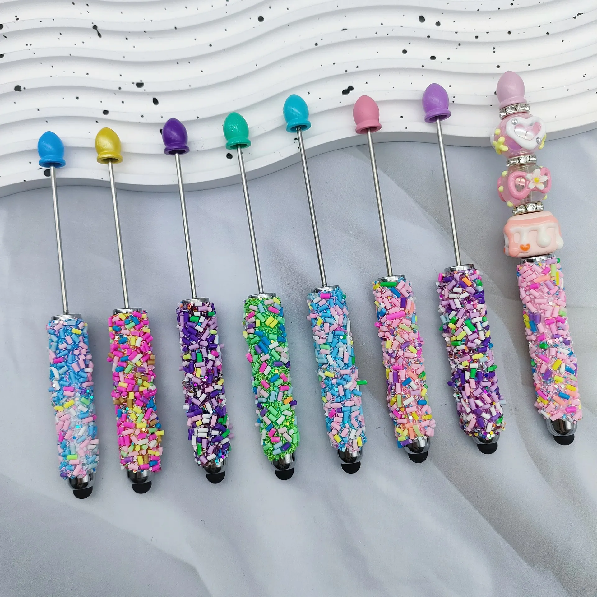 Beadable Stylus Ballpoint Pen Colorful Candy Sprinkle DIY Bead Pen Metal Writing Touch Pen For Office School Supplies