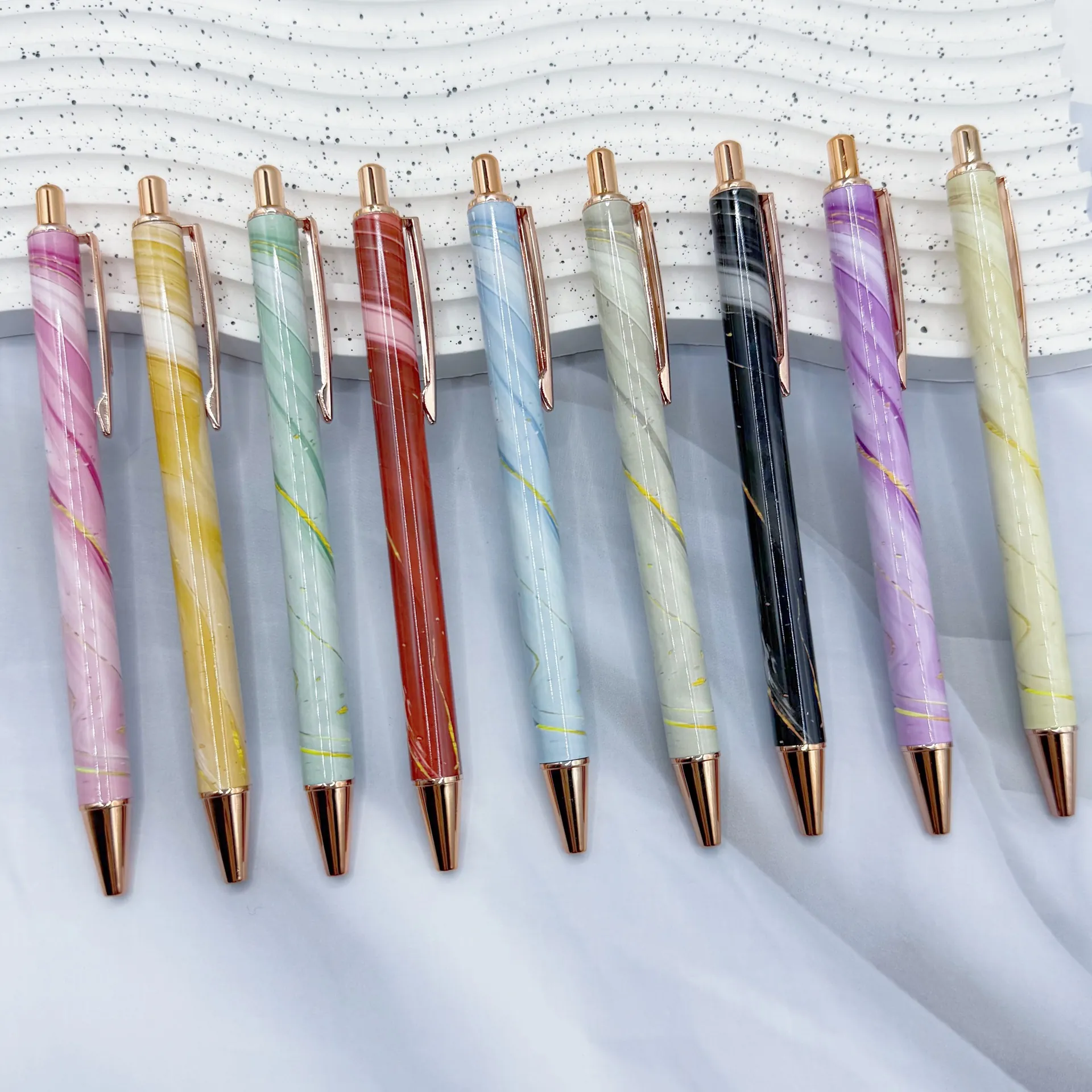 Marble Pattern Metal Ballpoint Pen Rose Gold Accents Retractable 1.0mm Bullet Point Writing Pen For Office School Business Gift