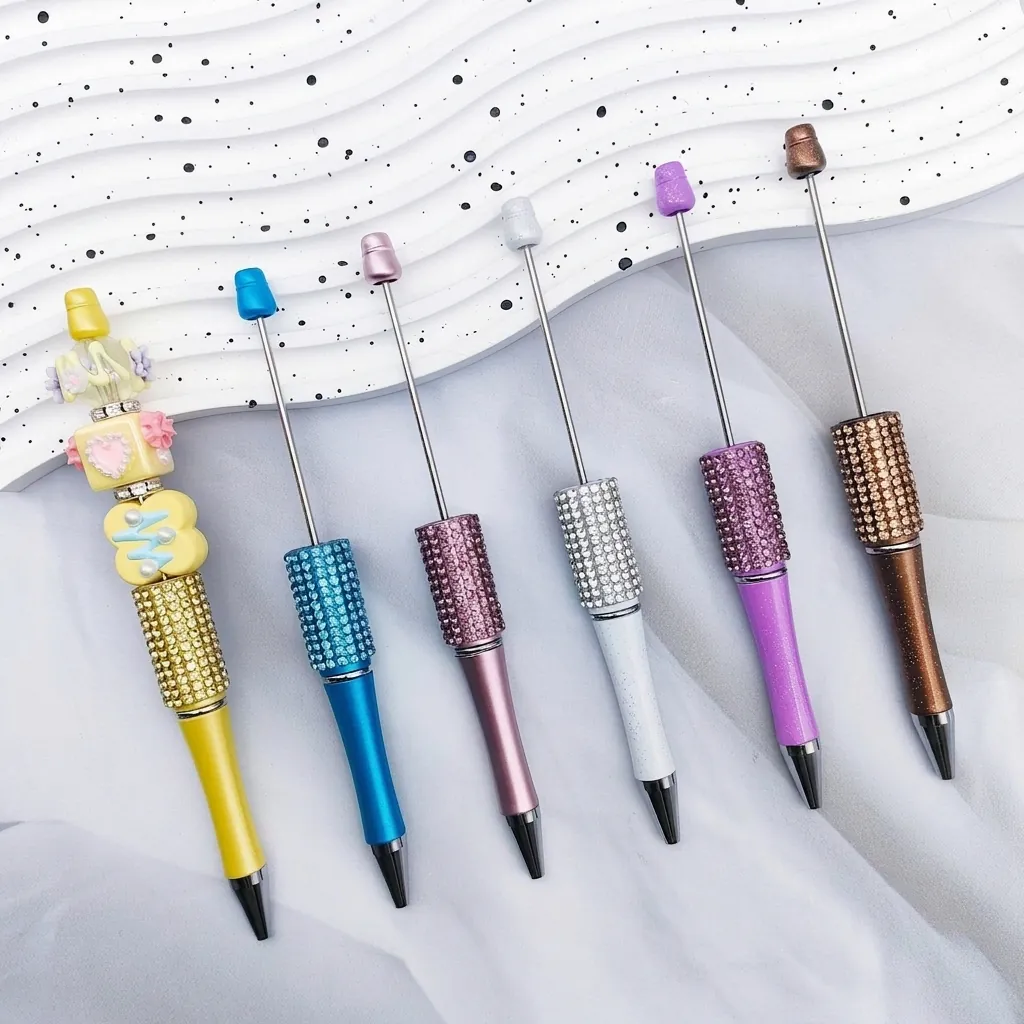 Bolígrafo de Cuentas DIY de Lujo Con Adorno de Strass Punta de Bala de 1.0mm Textura Metálica Bolígrafo Giratorio para Oficina Escuela Papelería Escritura Regalo