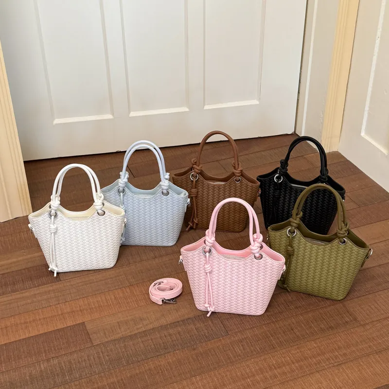 Damen Geflochtene PU Leder Eimer Tasche Koreanischen Stil Ins Mode Handtasche Einzelschulter Umhängetasche Mit Verstellbarem Gurt